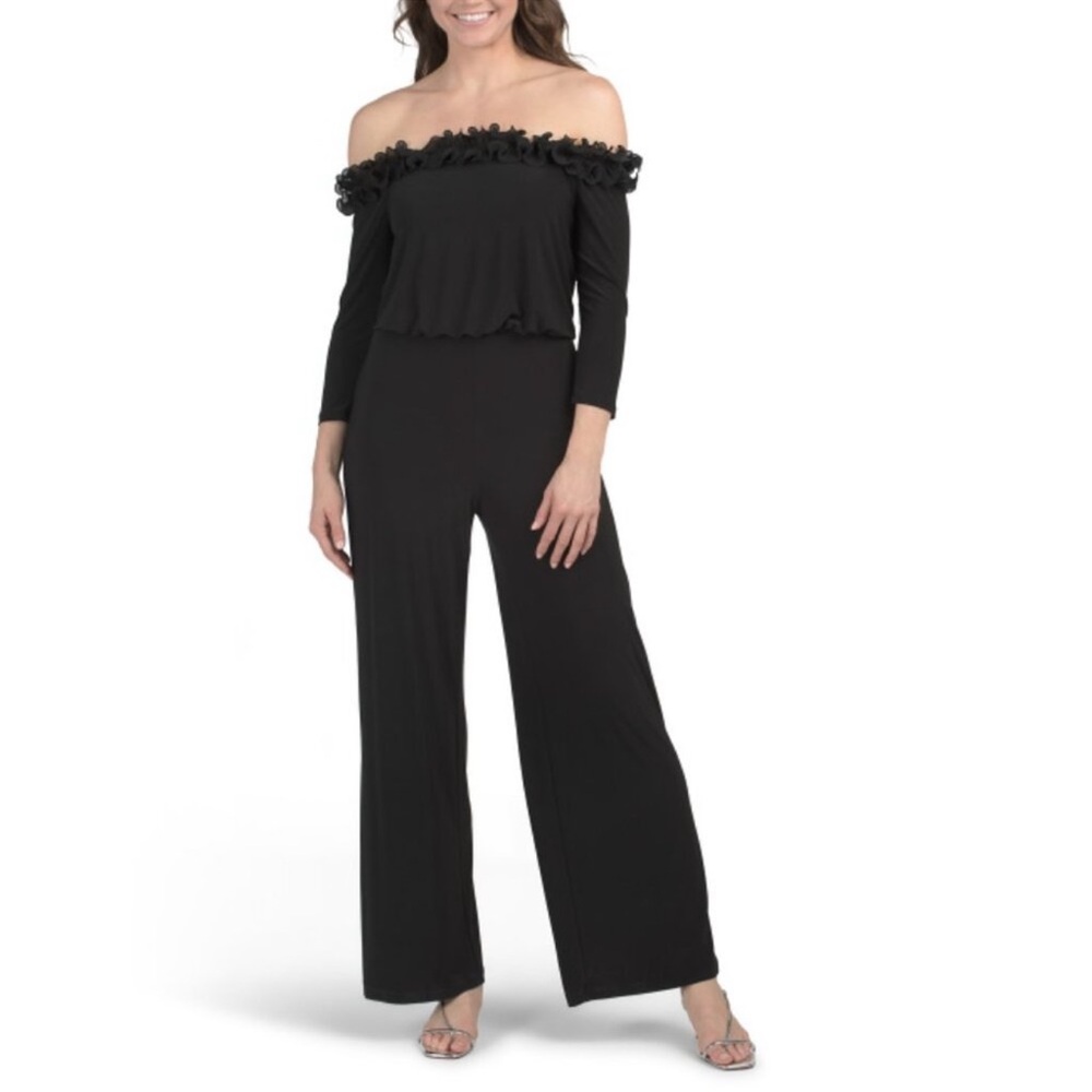 ADRIANNA PAPELL Black Off The Shoulder Ruffle Jumpsuit